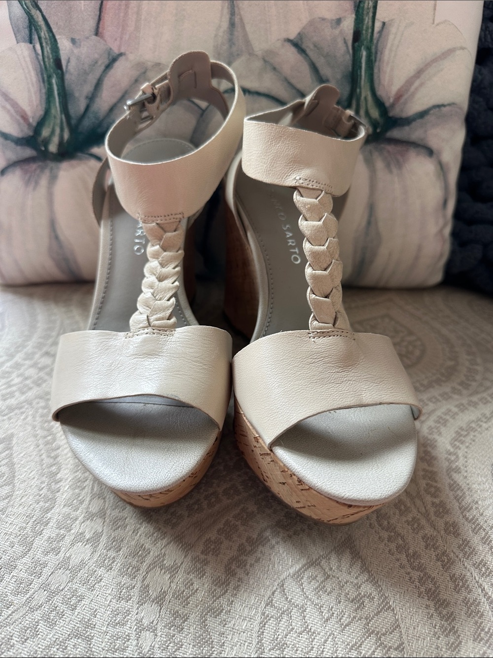 Franco Sarto Cream Braided T-Strap Cork Wedge Sandals